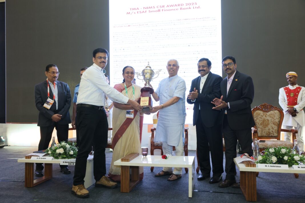 സാമൂഹിക സന്നദ്ധ പ്രവർത്തന മികവ്; ടിഎംഎ പുരസ്കാരം ഇസാഫ് സ്മോൾ ഫിനാൻസ് ബാങ്കിന്