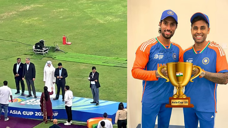 ട്രോഫിയും മെഡലുകളുമായി പാക് മന്ത്രി പോയി; ട്രോഫിയില്ലാതെ ആഘോഷിച്ച് ടീം ഇന്ത്യ