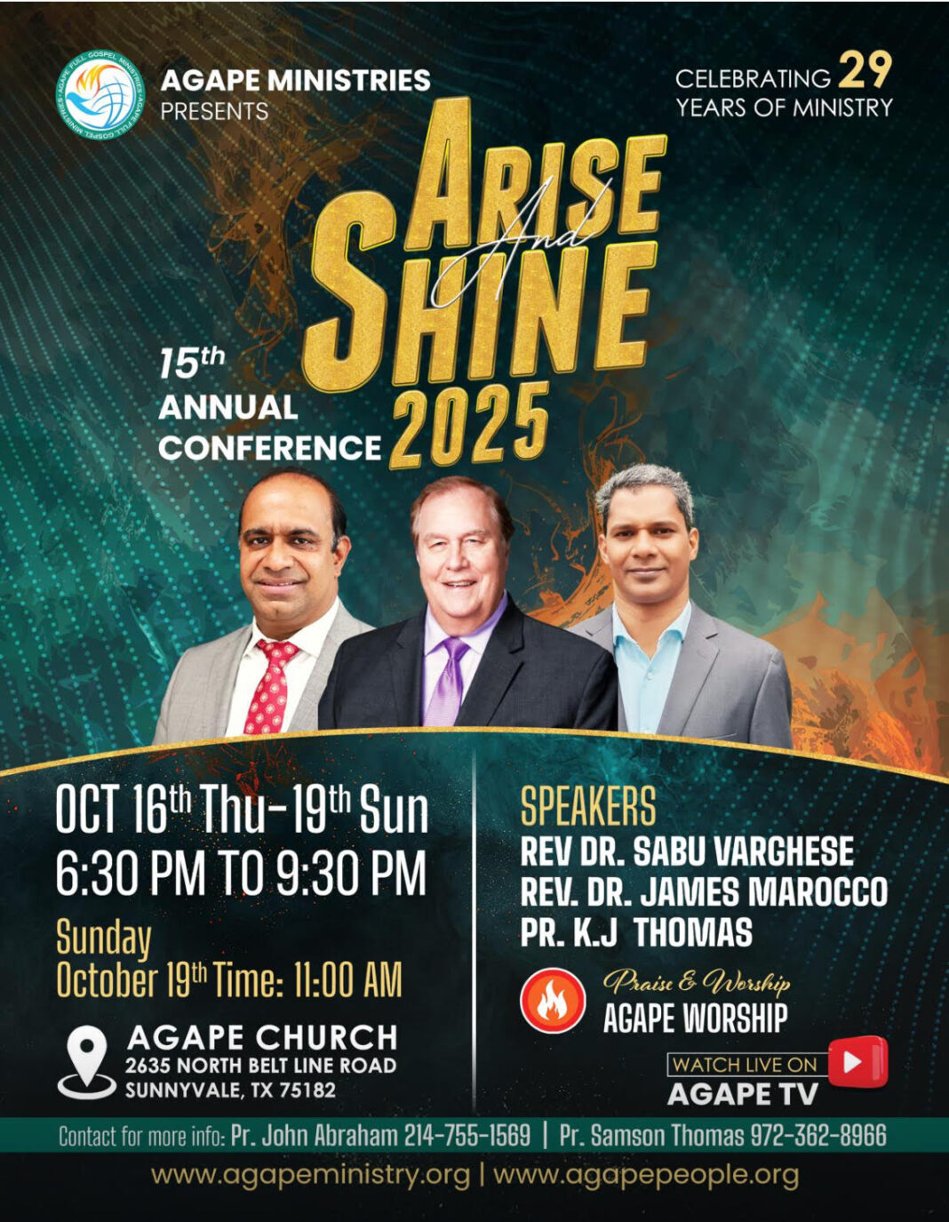 അഗാപെ മിനിസ്ട്രീസ് സംഘടിപ്പിക്കുന്ന 15-ാം വാർഷിക സമ്മേളനം ഒക്ടോബർ 16 മുതൽ 19 വരെ