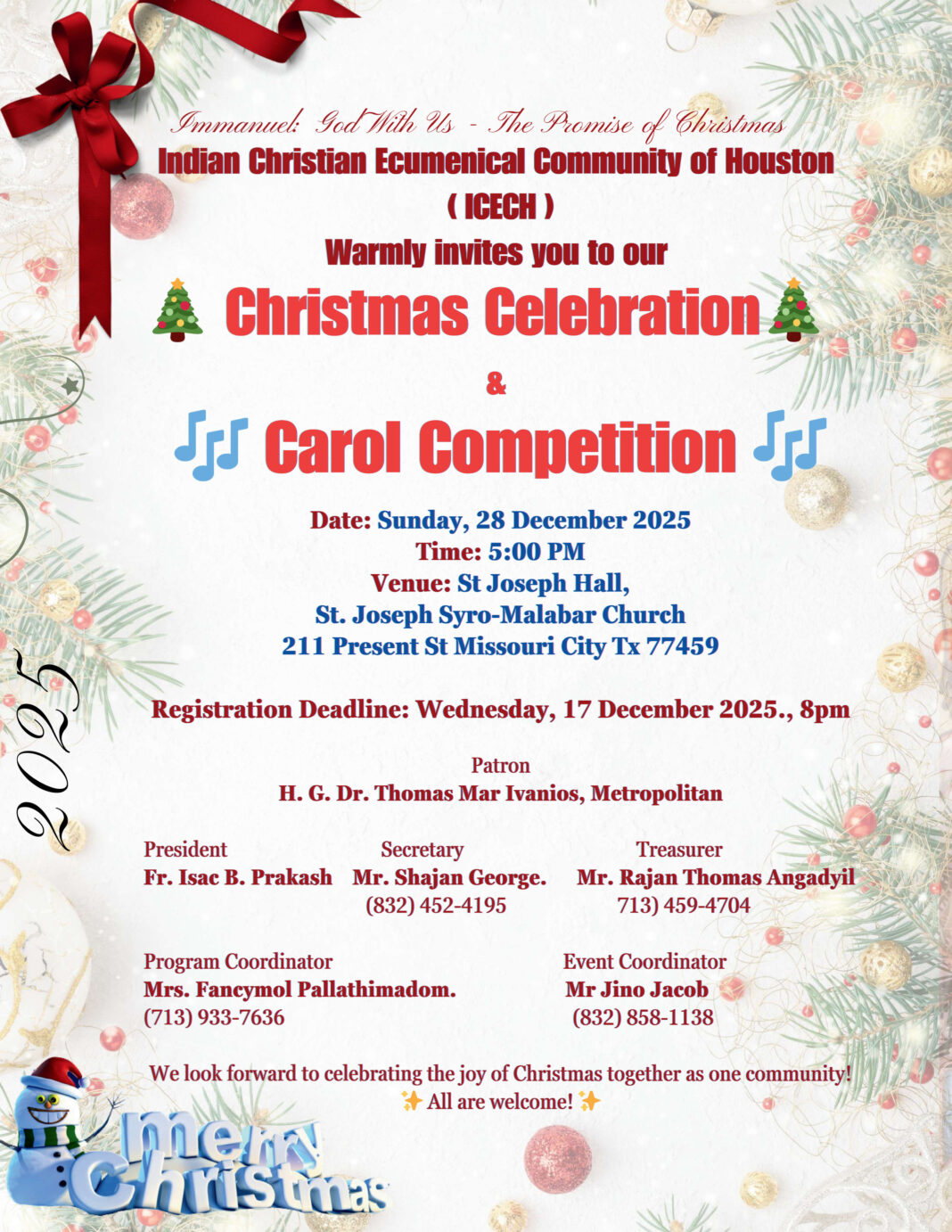 44-മത് ഐസിഇസിഎച്ച് ക്രിസ്തുമസ് കരോളും 4 മത് കരോൾ ഗാന മത്സരവും ഡിസംബർ 28 ന്