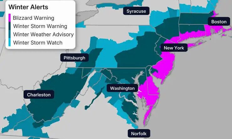 അമേരിക്കയുടെ കിഴക്കൻ തീരത്ത് അതിശക്തമായ മഞ്ഞുവീഴ്ച; ന്യൂയോർക്കിലും ബോസ്റ്റണിലും ‘ബ്ലിസാർഡ്’ മുന്നറിയിപ്പ്